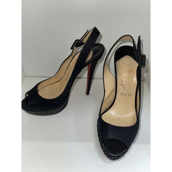 Christian Louboutin Black Canvas Peep-Toe Slingback Heels